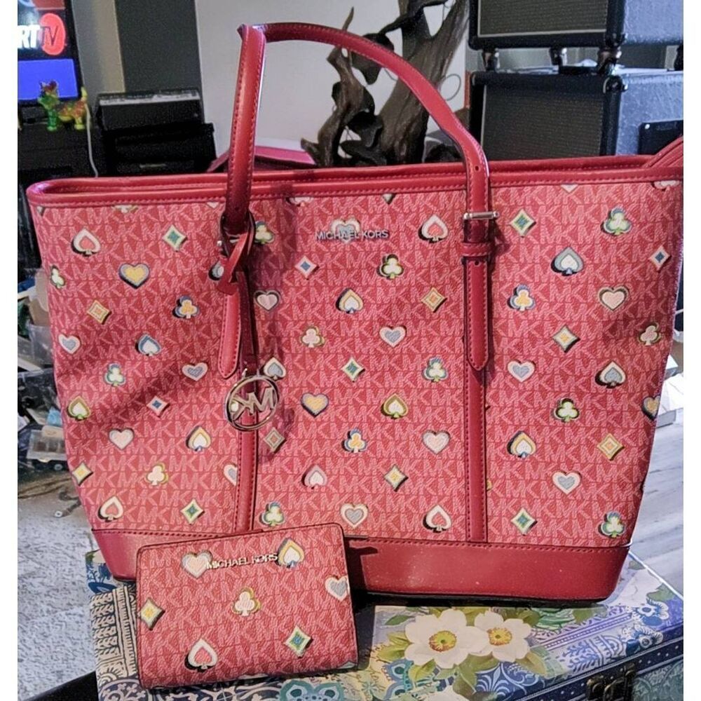 Michael Kors Red Logo Tote with Heart and Diamond Print